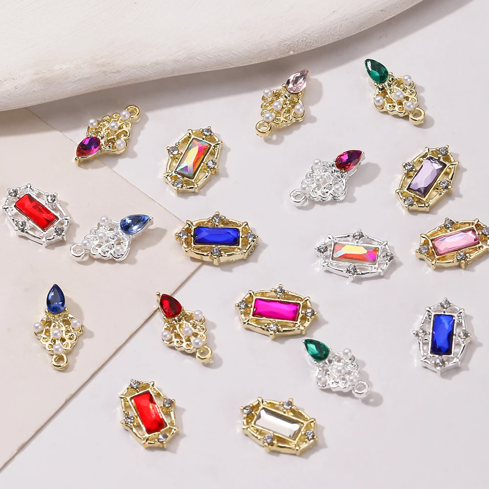 

10pcs Colorful Hollow Alloy Glass Gemstone Rhinestone Nail Charms Luxury Shiny Pearl DIY Nail Art Decoration Accessories