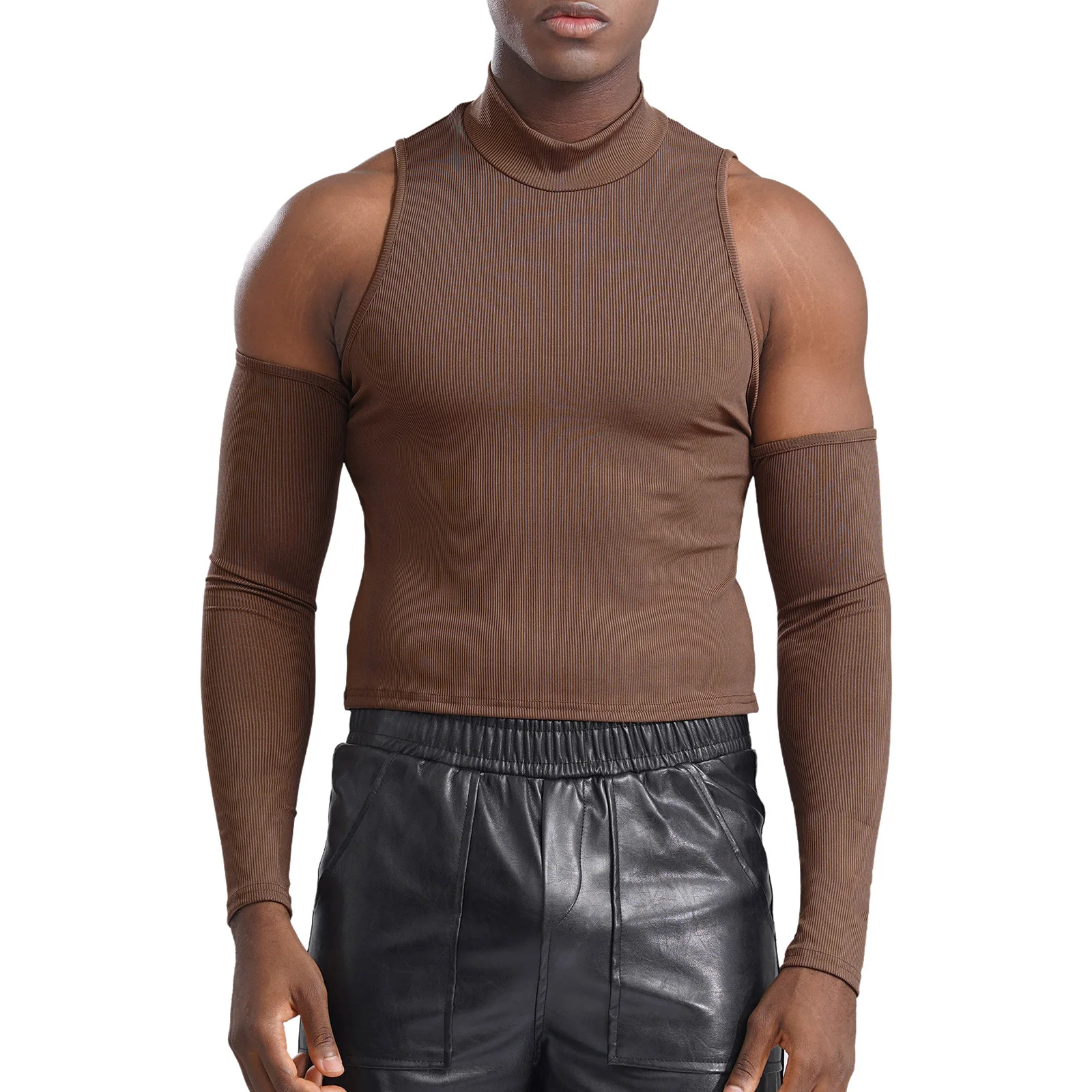 thumbnail image 1 of Camiseta con hombros descubiertos para hombre, Top corto acanalado, informal, con cuello simulado, manga larga, Jersey ajustado, ropa para fiesta Rave y discoteca, 1 of 5