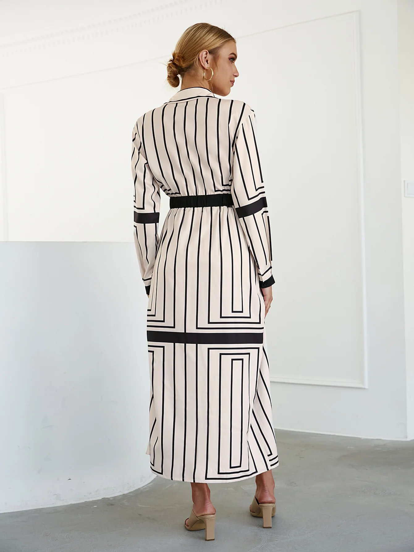 BerryGo Elegant stripes high split single breasted maxi dress women Long sleeve collect waist shirt dress Slim summer vestidos long sleeve dress