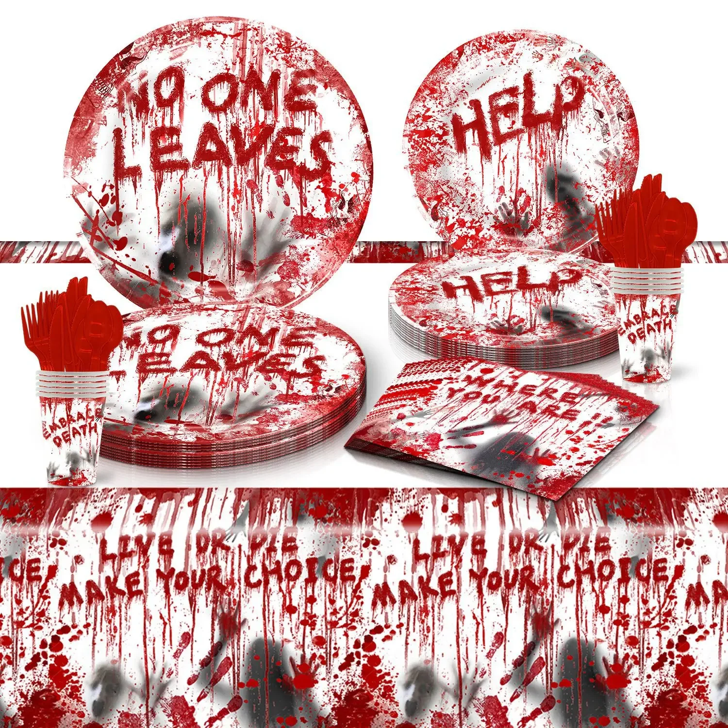 Halloween bloody hands themed tableware set paper plates paper cups napkins tablecloth disposable decoration supplies
