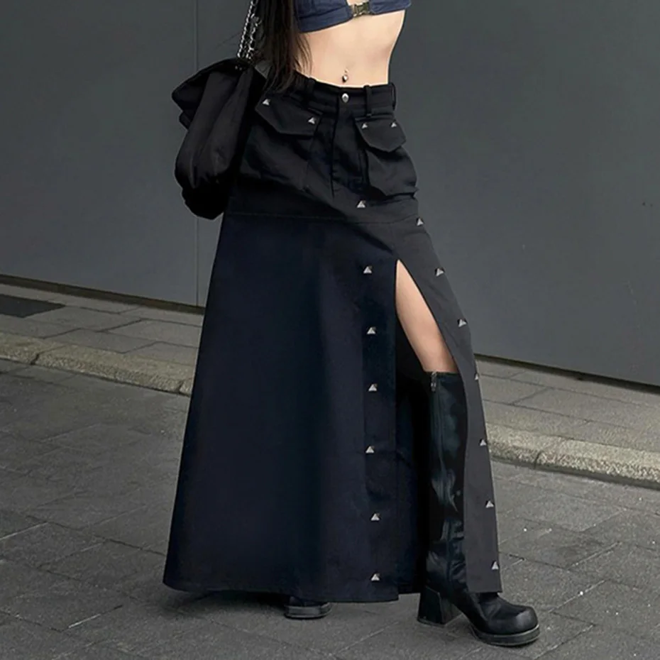 

90s Grunge Streetwear Rivet Maxi Skirts Cyber Gothic Dark Techwear Y2k Split Sexy Skirt Punk High Waist A-line Long Bottoms