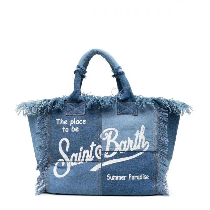 thumbnail image 1 of Bolso de mano de lona vaquera con estampado de letras de moda europea y americana, bolso de hombro con borlas de gran capacidad para mujer, 1 of 5