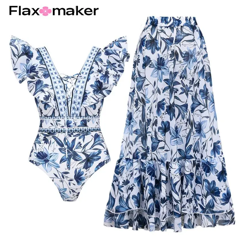 FLAXMAKER Lace up V Neck Ruffle Swimsuit and Sarong Women Swimwear Push Up Bathing Suit Monokini