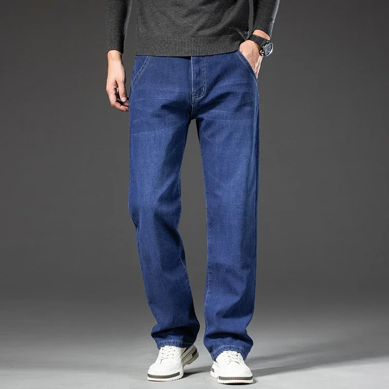 Denim Pants Denim Trousers Men's Fleece Jeans Winter New Plus Size 44 46 Thick Warm Straight Stretch Male Business Casual Work Denim Thicken Trousers
