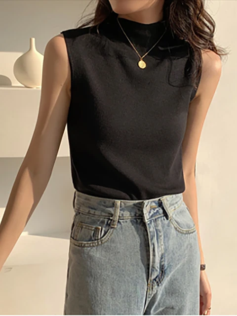 Sexy Knitted Top Summer Turtleneck Tank top Women camisole Blouse Sleeveless Slim Top Female sleveless t-shirt Vest Casual Camis Black