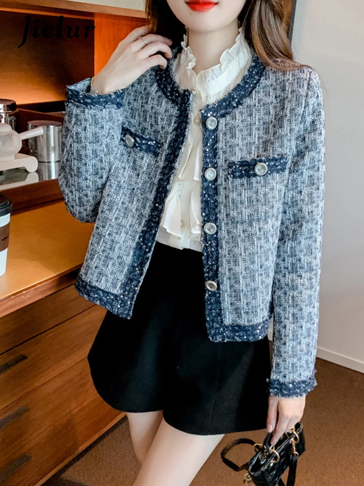 Jielur Autumn New Contrast Color Slim Stripe Women Jackets Sweet Ladies Elegant Jackets Woman Korean Blue Fashion Street Top