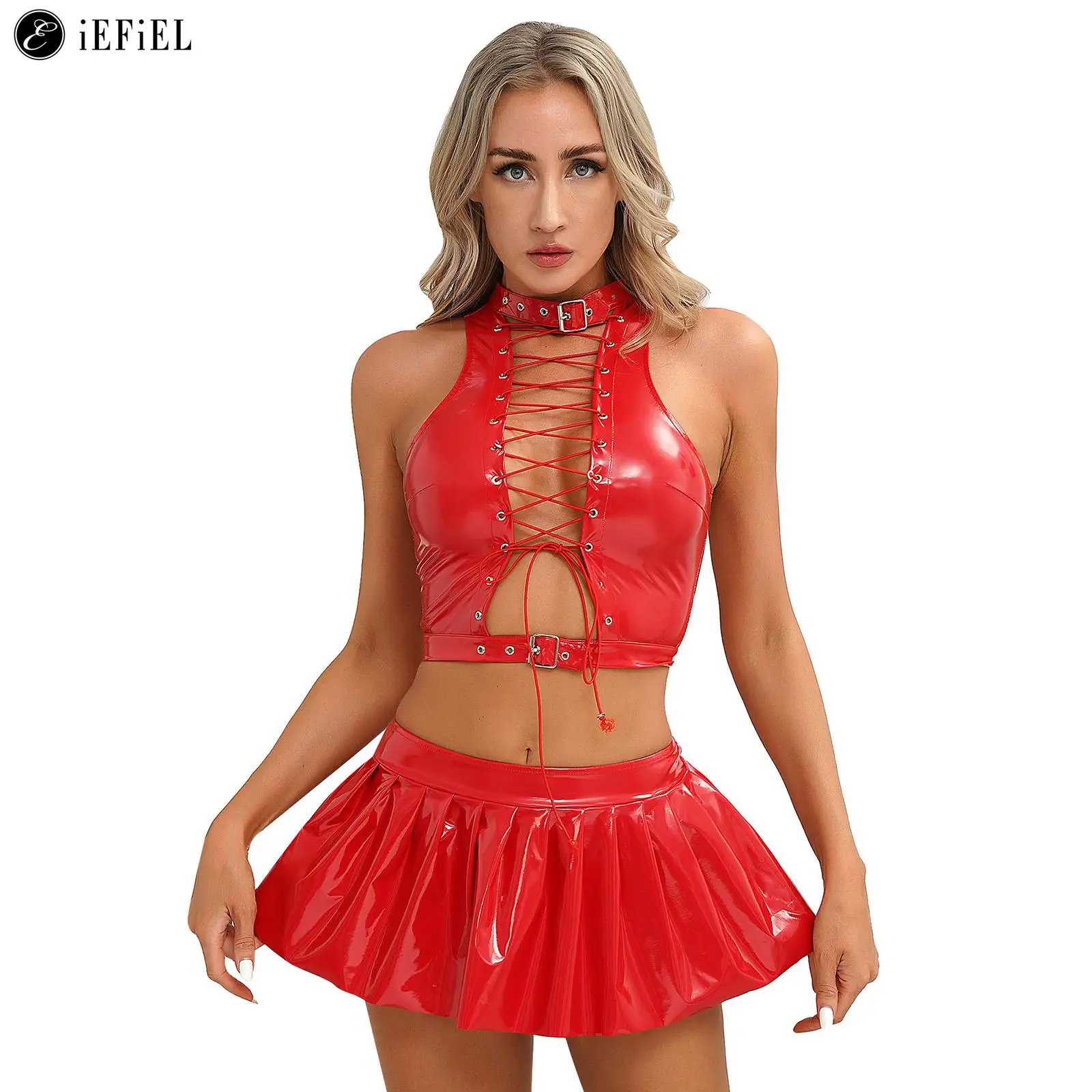 

Womens Wetlook Patent Leather Punk Outfit Hollow Out Eyelet Lace-Up Crop Tank Tops with Mini Skirt Party Clubwear Streetwear