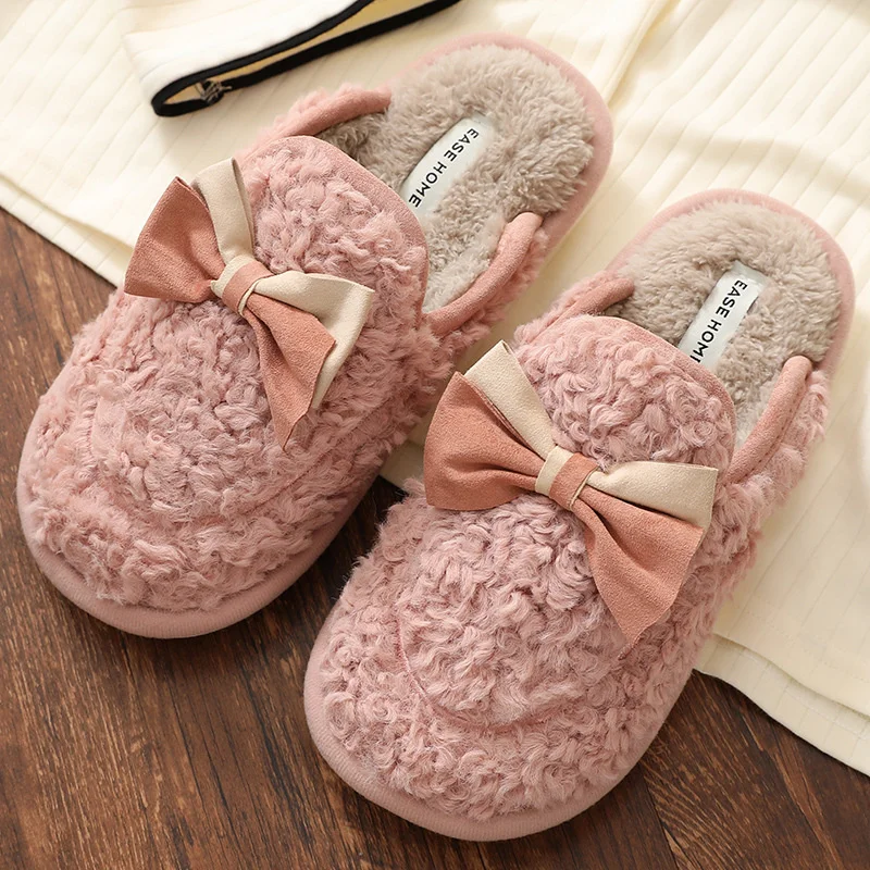 Cotton Slippers Women's Bow Household Warm Non-slip Couples Slippers House  Warm Women Fashion Casual Shoes