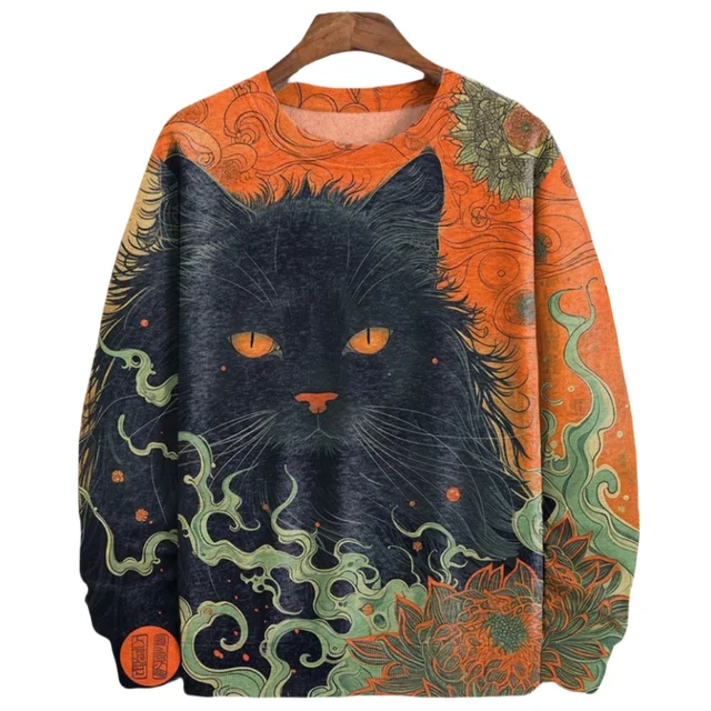 Japanese Samurai Cat Print Men's Sweatshirts Cotton Round Neck Long Sleeve Loose Pullover Autumn Oversized Men Clothing Tops 5XL 6