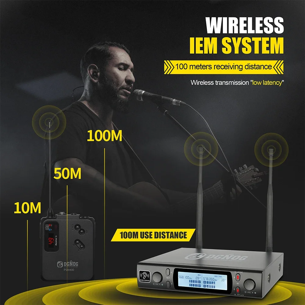 DGNOG PSM400 UHF Dual Wireless in Ear Monitor System Mono 2 Channel Professional IEM Monitoring for Stage Performance Studio
