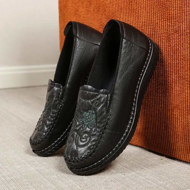 Vintage Scroll Embroidered Faux Leather Slip-On Loafers with Smooth Upper and Lightweight Design