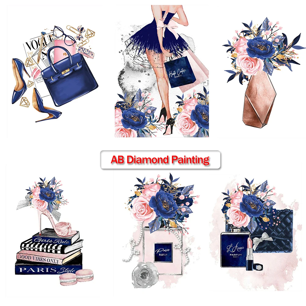 5D AB Diamond Painting Blue High Heels Bag Perfume Girl Book Fashion Art Poster Cross Stitch Kit DIY Diamond Mosaic Home Decor
