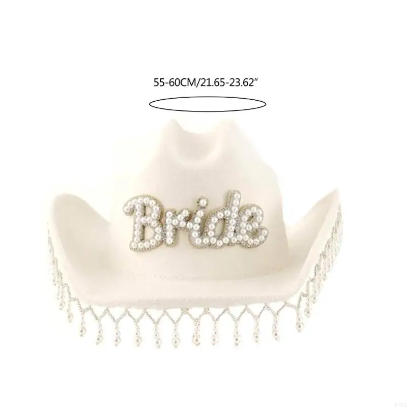 P88B Bachelorettes Party Cowboy Hat for Bride with Pearl Fringed Bridal Shower Cowgirl Hat Carnivals Party Photoshoots