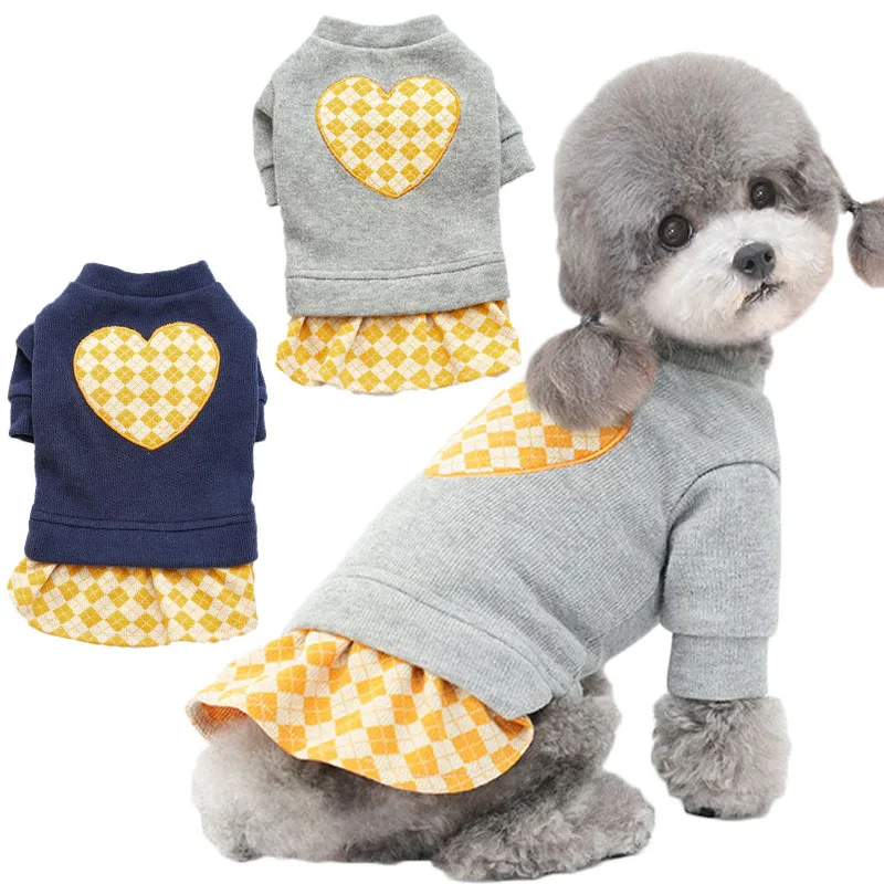 

Warm Dog Hoodies Dress Autumn Winter Dog Clothes For Small Medium Dogs Chiwawa York Knitted Plaid Skirt Puppy Sweatshirt Sweater