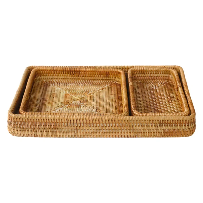 Square Wicker Tray  Handwoven Rattan Storage Basket Picnic Basket Bread Food Plate Fruit Cake Sundries Box Home Desk Decoration 3