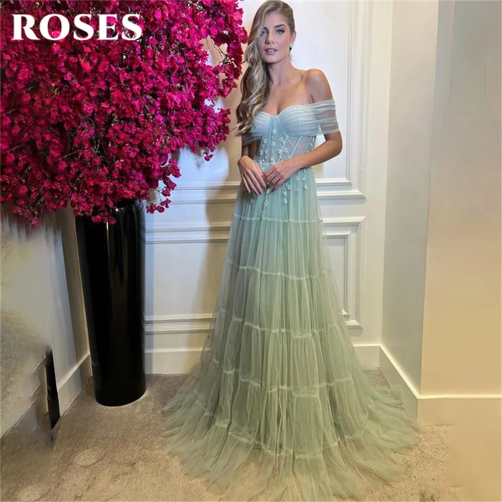 

ROSES Off The Shoulder Long Party Dress Vintage Mint Net Night Dresses Sweetheart Appliques Celebrity Dress vestidos de fiesta