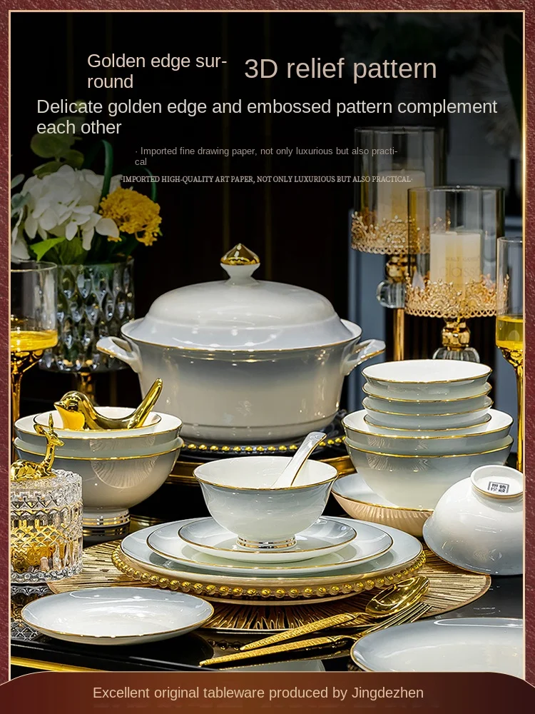 

Bowl and Dish Set Household Ceramic Gradient Color Underglaze Round Luxury Bone China Housewarming Tableware New Chinese Style