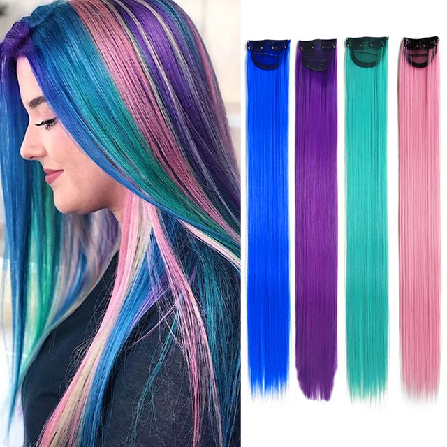 Synthetische Gekleurde Haarstukken Clip In Hair Een Stuk 22 "Straight Roze Paars Blauw Haar Nep Stukken Voor _ - AliExpress Mobile