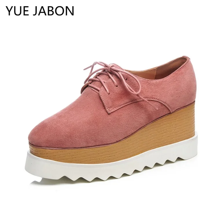 

YUE Jabon Casual Sneakers Women Suede Leather Round Toe Lace-Up High Top Ladies Shoes Solid Color Wedge Heel Shoes Handmade