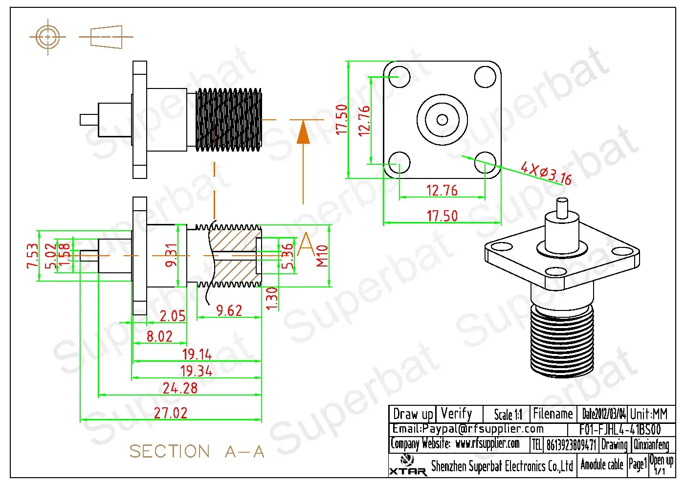 Superbat 2X 75ohm F 4 홀 패널 마운트 암, 케이블 RG58, RG400,RG142,LMR195용 확장 유전체 및 솔더 포스트 커넥터 포함