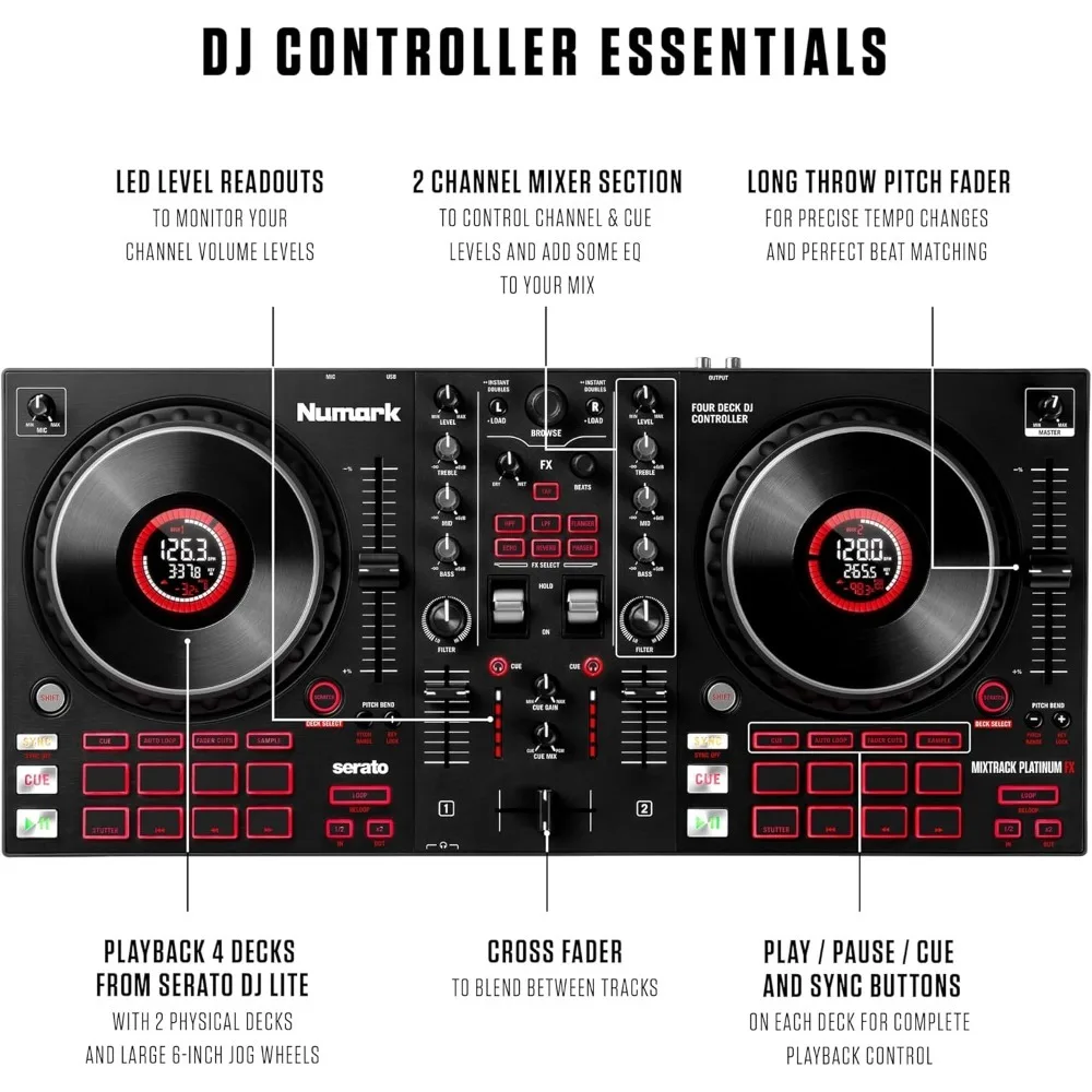 Controller DJ Serato Platinum FX con Jog Wheel e Display, 4 Deck, Mixer, Effetti e Paddle, Spedizione dagli USA - immagine 3
