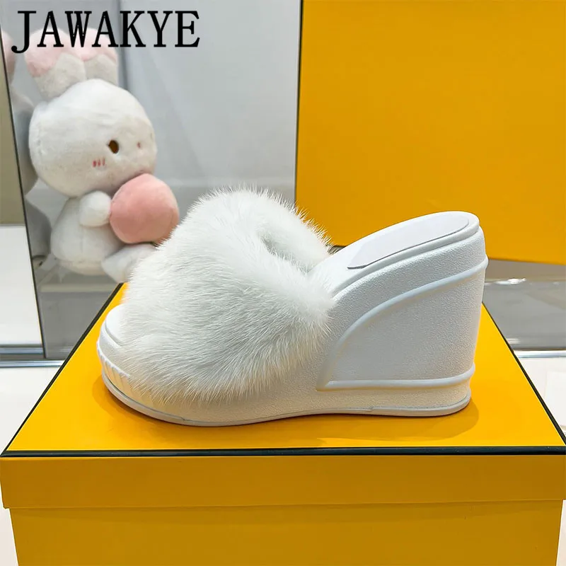 

2023 Summer Multicolour Wedge Heel Hairy Fur Slippers Women Luxury Brand Thick Sole Open Toe Mules Fashion Party Loafers Shoes