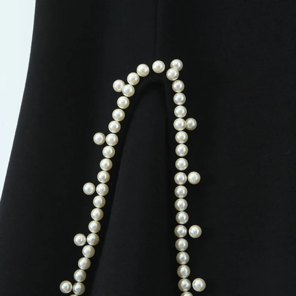 Pearl Beading Slit Hem Casual short-sleeved Top Plus Size Women Premium O-Neck T-shirt 9105