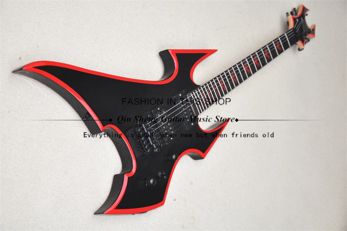BC Electric Guitar, Black Guitar With Red Edges, Tremolo Bridge, Red Bat  Inlay, Black Buttons, HH Pickups