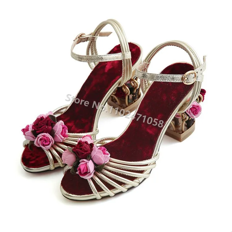 

Retro Hollow Cage Sandals for Women Rose Flowers Strange Heels Peep Toe Buckle Strap Hight Heels Summer 2023 Ladies Party Shoes
