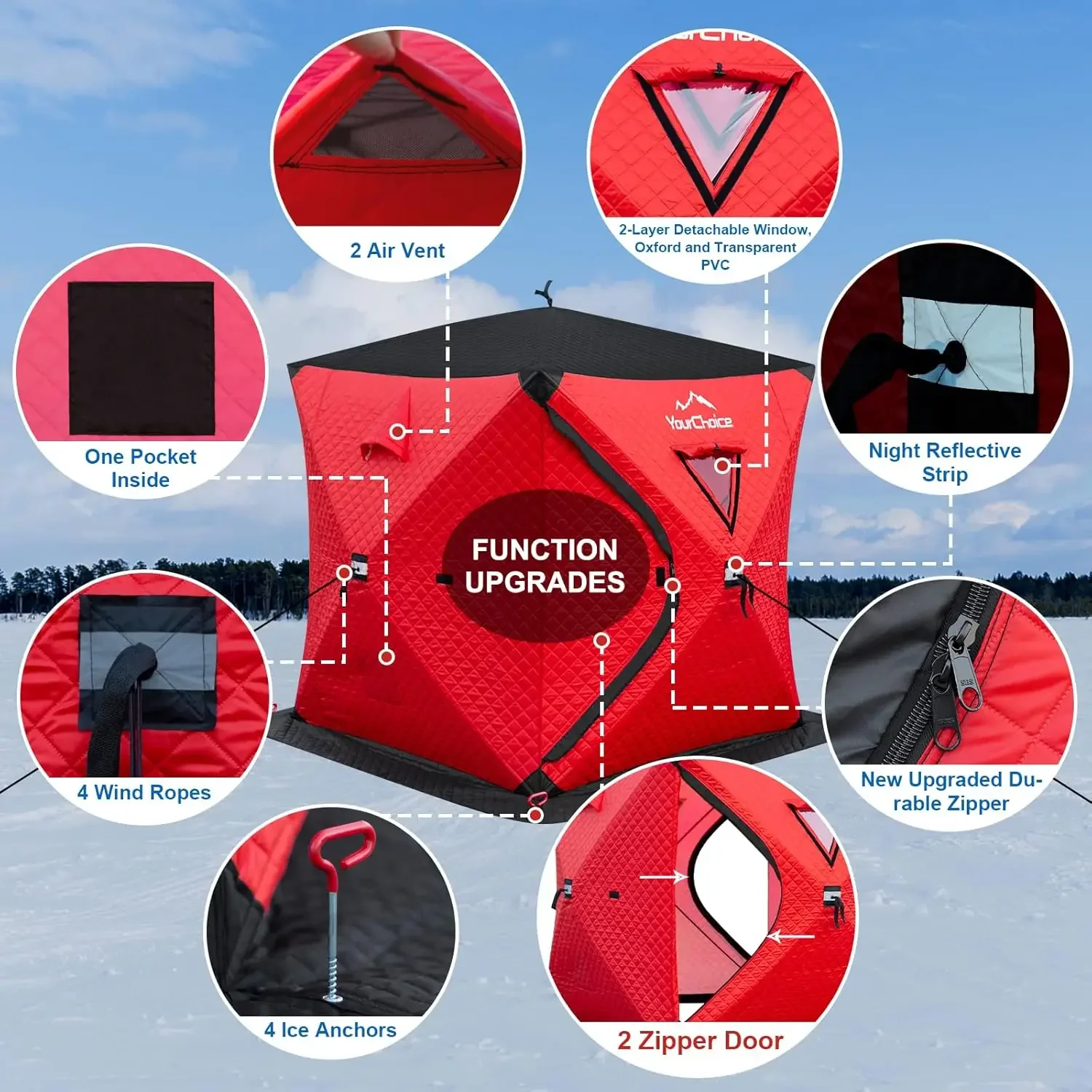 Choice Pop Up 3-4 Person Ice Fishing Shelter, Fully Insulated Ice Fishing Shelter, with Insulated Layer to Windproof and Wa