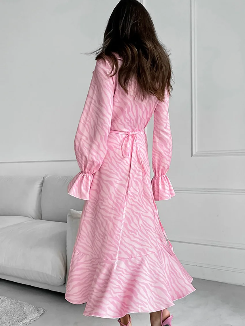 Pink Printed Ruffled Long Dress Women's Lace-Up Long Sleeve Elegant Contrast Patchwork Party Dress Female Bandage Dress