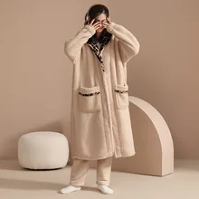 Thicken Sleepwear Autumn  Winter Leopard Women's Nightgown Flannel Keep Warm Hooded Tracksuit Apricot 2-piece Long Pajamas Set