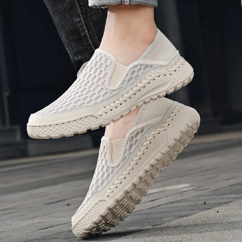 Men Handmade Mesh Breathable Shoes Summer Round Head Solid Colour Non-slip Loafers Lightweight Comfortable Soft Sole Sneakers 6