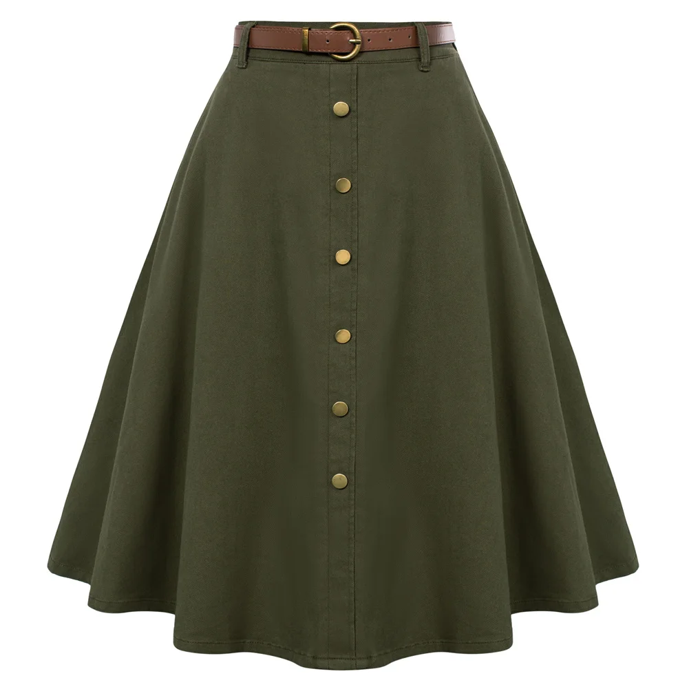 BP Women's Skirt Vintage Jean Midi Skirt With Belt Elastic High Waist A-Line Buttons Decorated Causal Elegant Woman Clothing