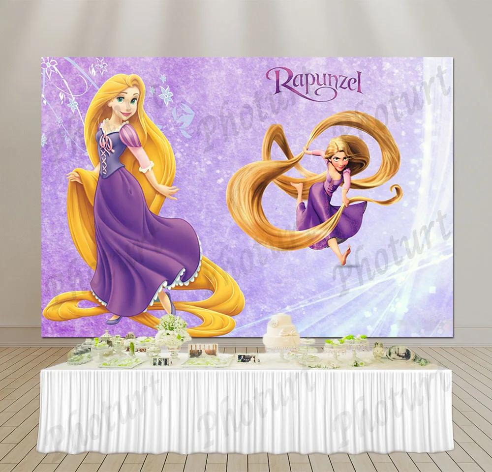 Arrière-plan de fête d'anniversaire pour filles, raiponce emmêlé Disney,  cheveux longs princesse, fleur violette, accessoires de décoration pour  photographie - AliExpress