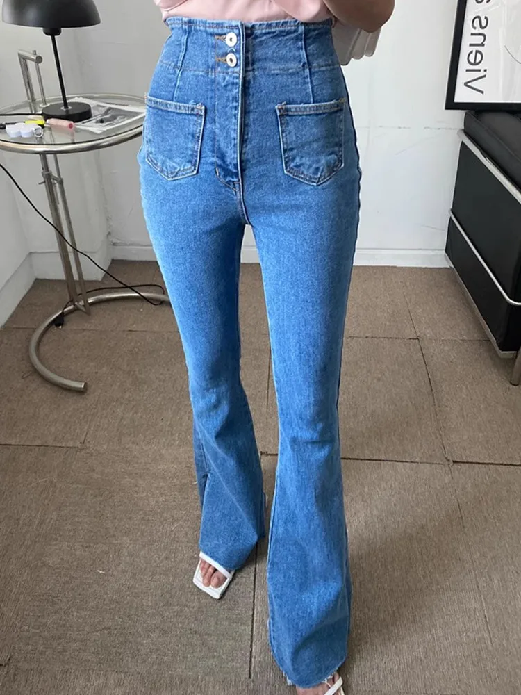 

Vintage High Waist Flare Jeans For Women Fall Stretch Full Length Split Denim Pants Female Streetwear Jean Trousers N558