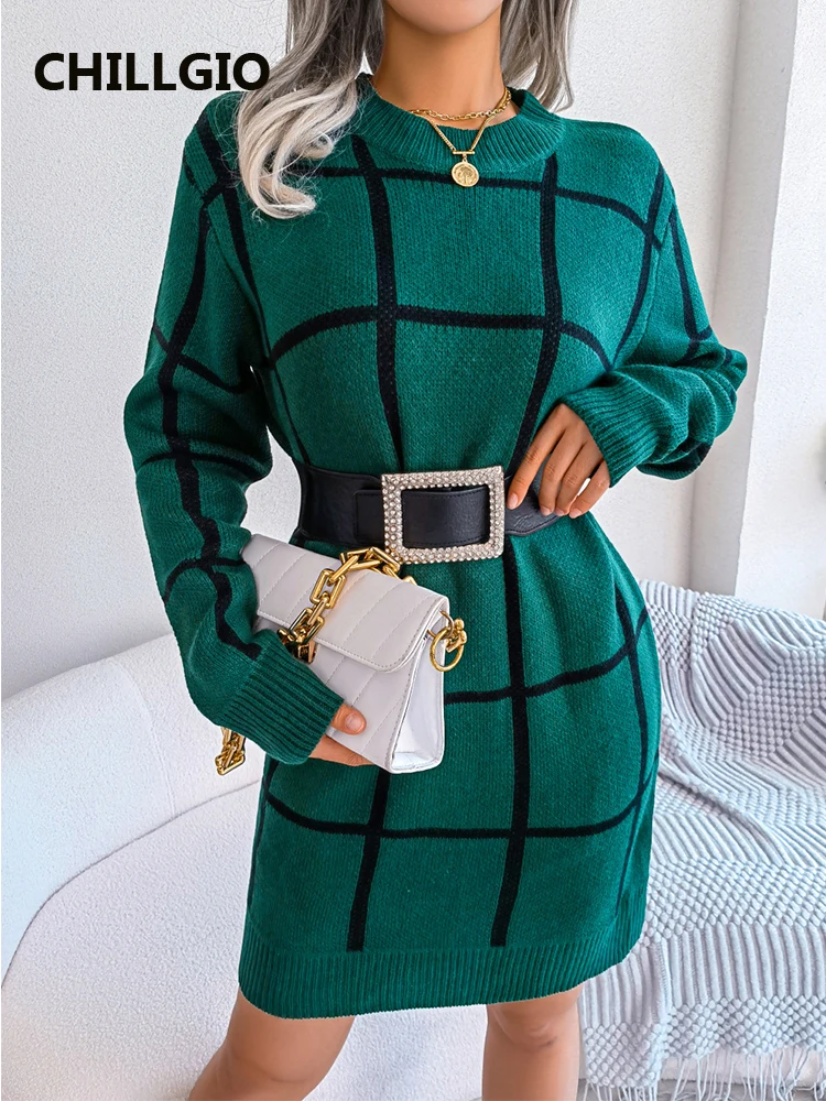 

CHILLGIO Women Plaid Knitted Dress Autumn Winter Long Sleeves Casual New Fashion Streetwear O Neck Warm Knitting Sweater Dresses