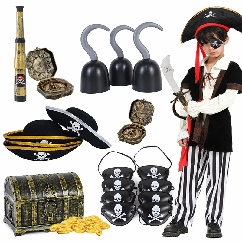 Set Accessori Pirata Per Bambini – Cappello, Sciabola Gonfiabile, Binocolo, Benda, Monete D'oro (10 Pz)