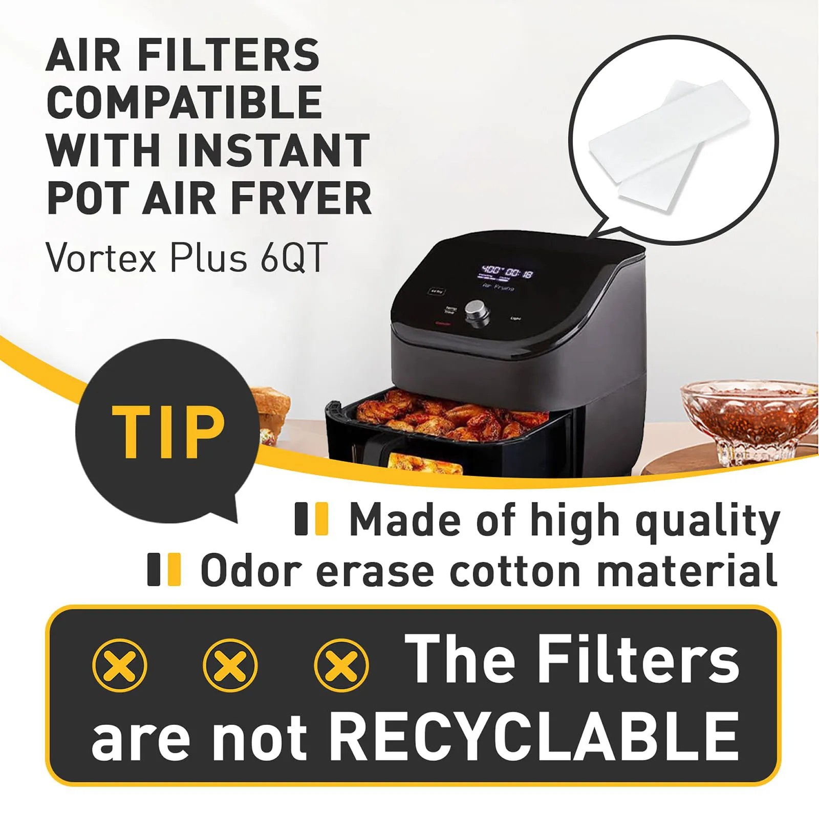12 Pcs Air Fryer Replacement Filters for 6QT Instant Vortex Plus Air Fryer Filters for Instant Vortex 6QT with ClearCook
