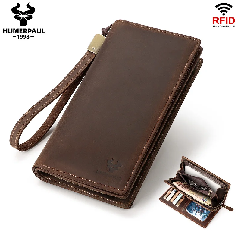 

HUMERPAUL Handbag Men's Zipper Snap RFID High Capacity Wallet Men's Genuine Cowhide Male Wallet Drawstring Long Coin Purse 2023