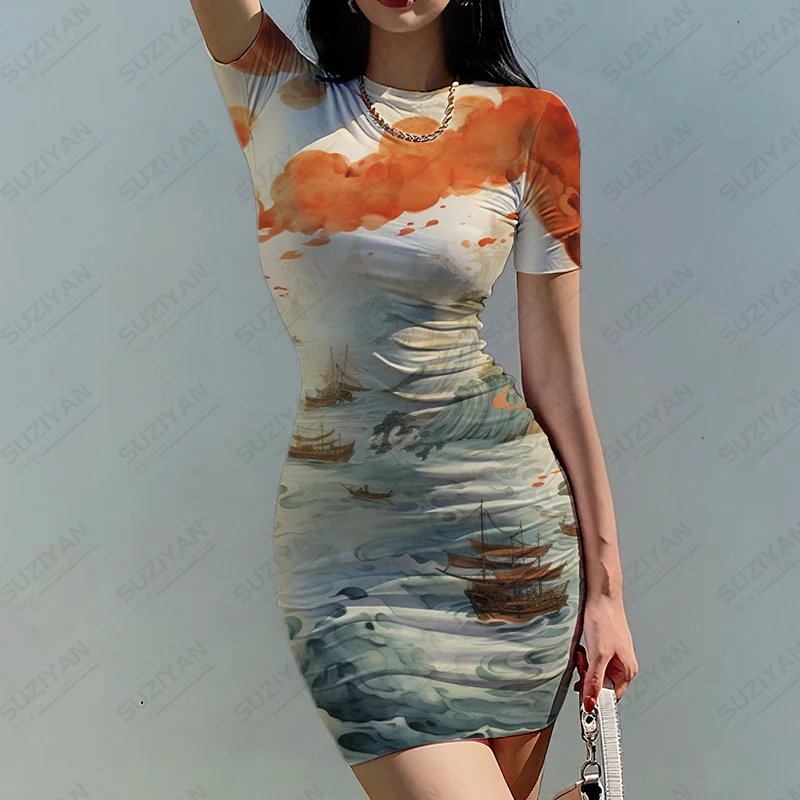 

Landscape 3D Printed Dress Fashion Temperament Dress Summer Short -sleeved Dress Basic Round Neck Dress Chinese Style Dress