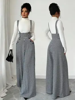 Overalls for Women's Winter Jumpsuit Black White Vintage Wide Leg Suspender Pants for Office Commute Casual Female Clothing 1