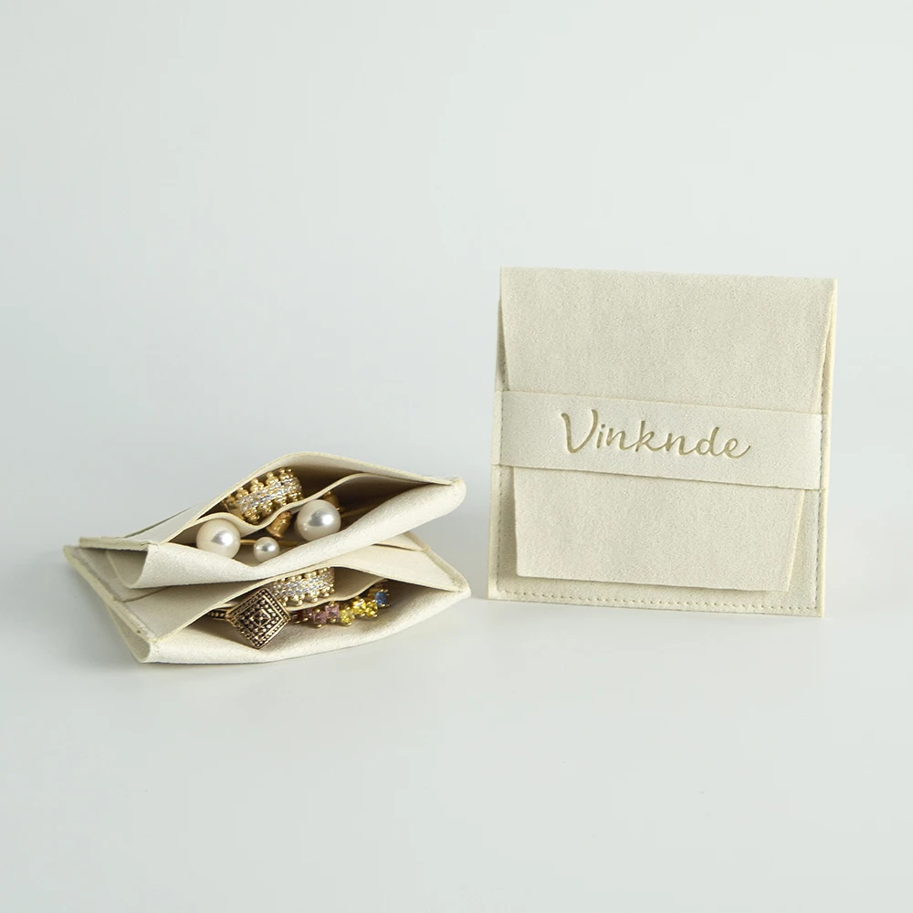 Custom Logo Embossed Jewelry Packaging Bag Small Microfiber Suede Travel Wedding Gift Earrings Rings Dust Pouch with Divider