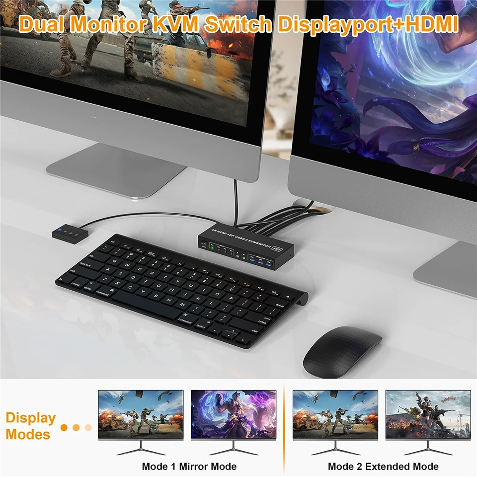 4 Port HDMI KVM USB 3.0 Switch 4X2 Dual Monitor 4K@60Hz Extended Display DP KVM Switch 4 In 2 Out for PC Share Keyboard Mouse