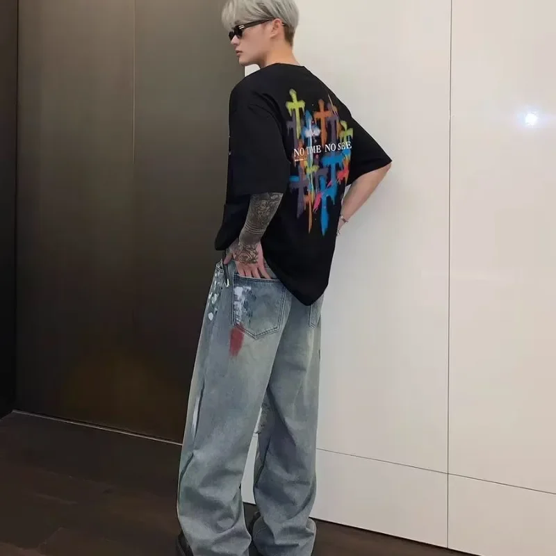 Men's Summer Jeans Loose-fit Wide-leg Straight-leg Denim Trousers American Style Casual Vibe Pants Ripped Design Sensibility