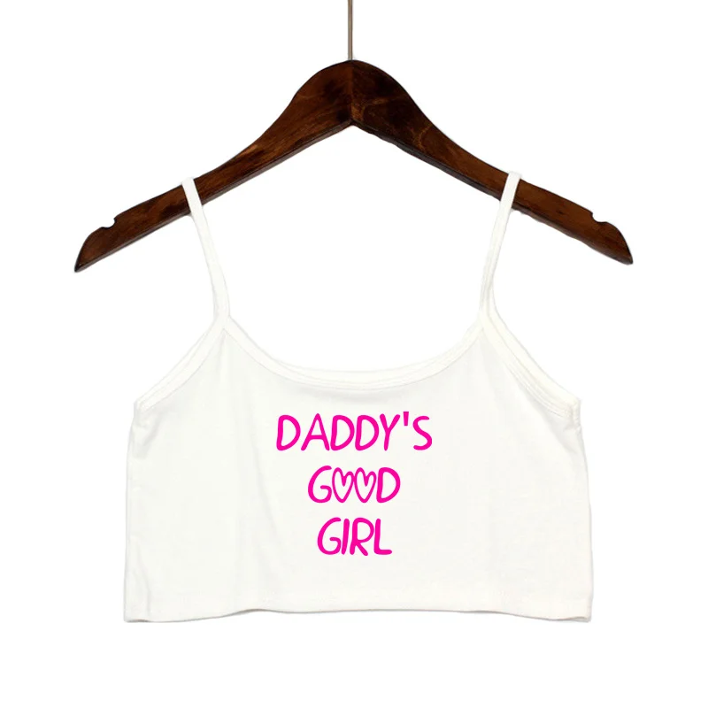 DADDYS GOOD GIRL 핑크 레터 프린트 크롭탑 여성용, 신축성 코튼 카미스, 민소매 짧은 탱크탑, 바 탑, 섹시한 여름