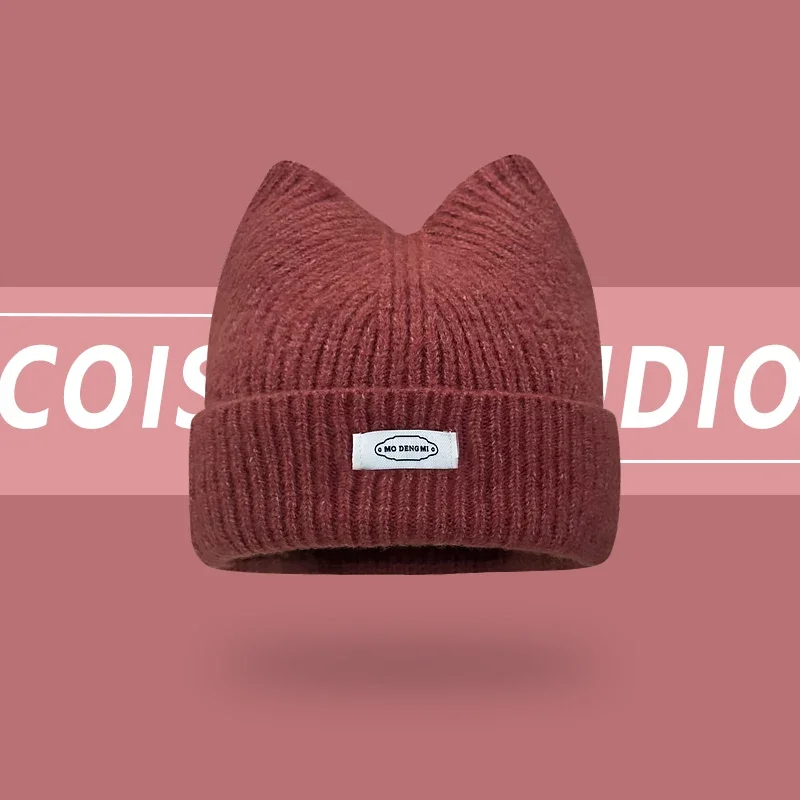 Korean Version New Cute Cat Ear Letter Patch Knitted Hat Women's Autumn and Winter Thickened Warm Versatile Simple Beanie Cap 2