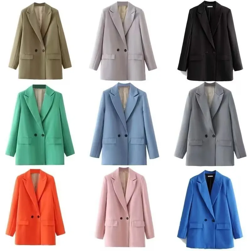 

Women 2023 New Fashion Multicoloured Double Breasted Blazer Coat Vintage Long Sleeve Pockets Female Outerwear Chic Blazers