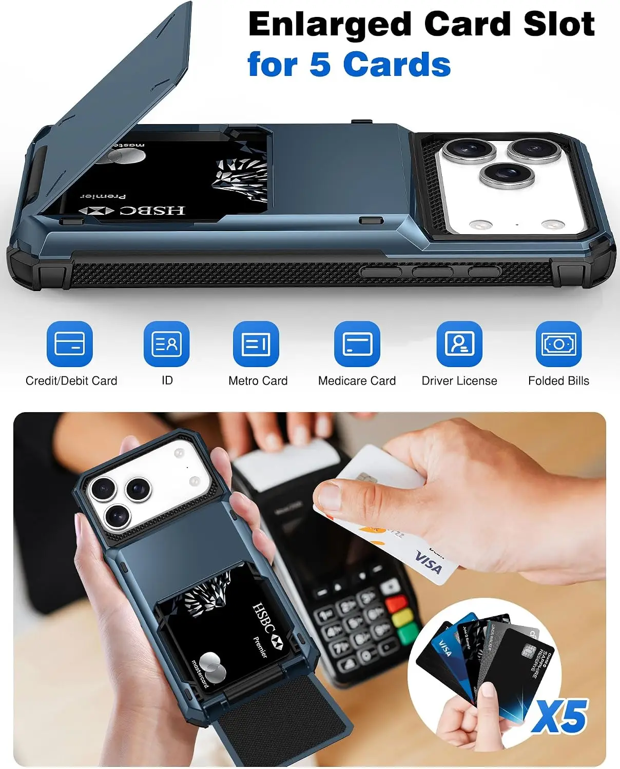 Heavy Duty Card Holder Wallet Case with Hidden Flip Slot and Protective Hard Back Cover