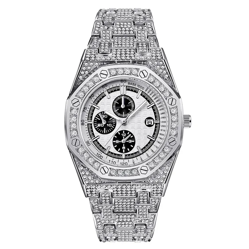 Montre Homme Original Brand Watches Men Hip Hop Diamond Fashion Casual Alloy Band Date Quartz Watch Silver Relogio Masculino